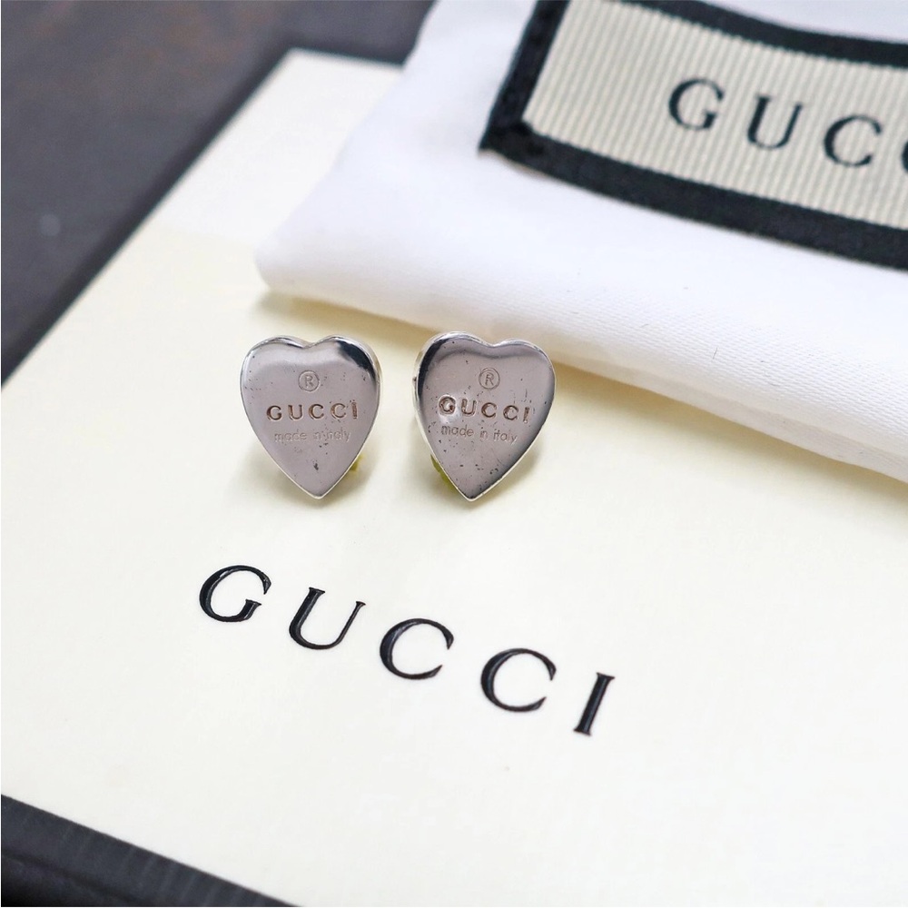 GUCCI GG Heart Pierced Stud Earrings 925 Silver - Picture 1 of 3